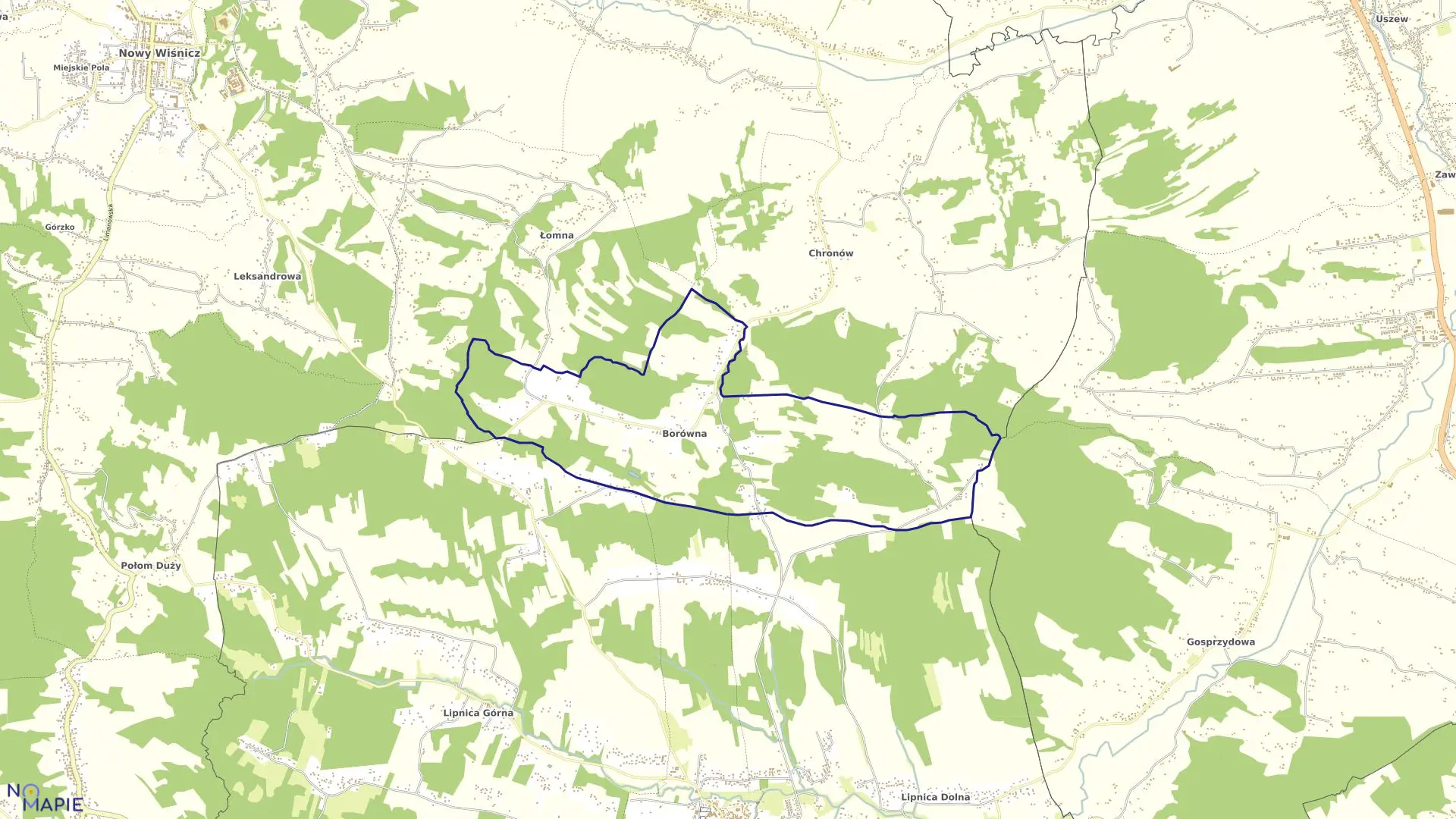 Mapa obrębu Borówna w gminie Lipnica Murowana