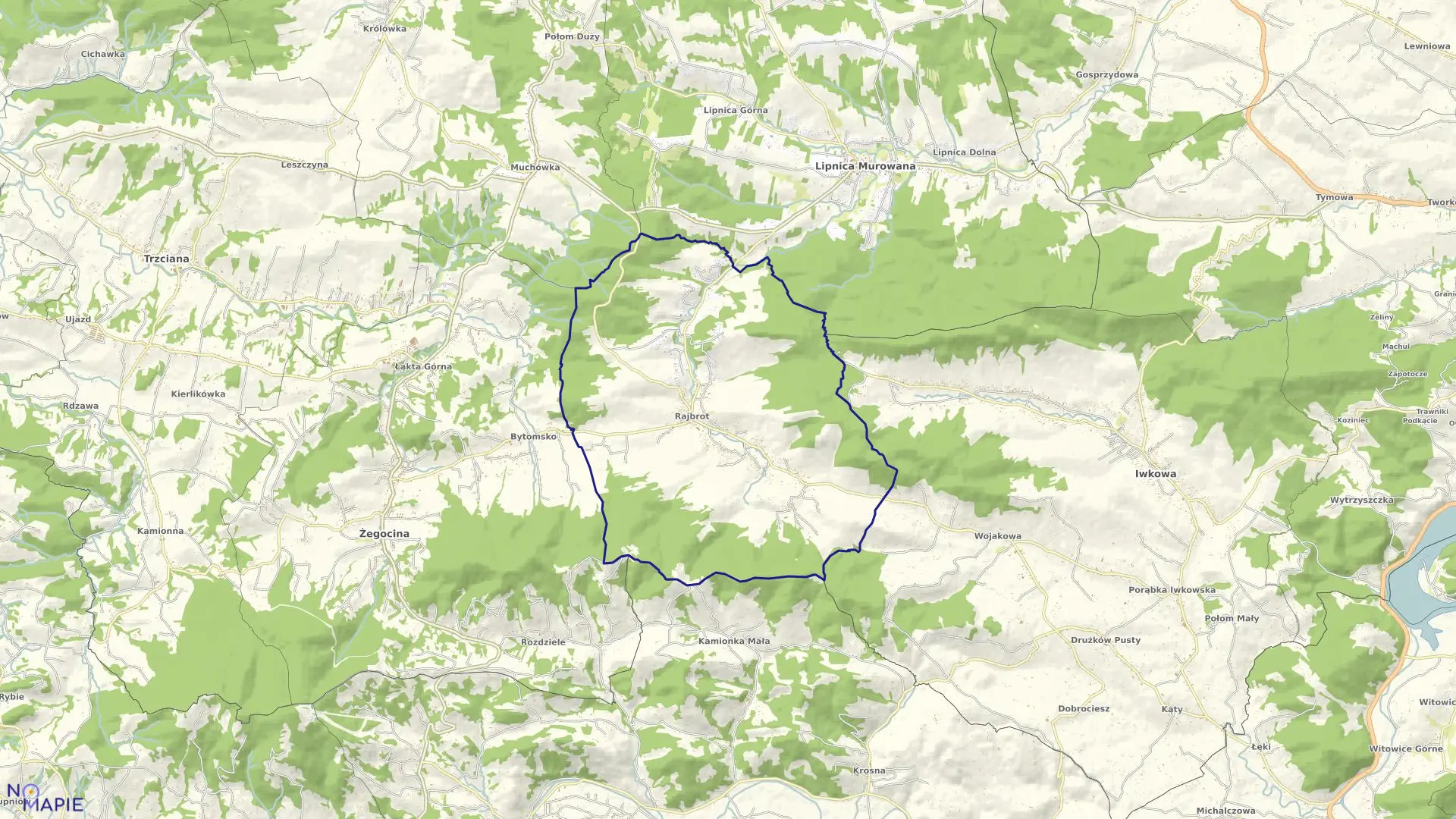 Mapa obrębu Rajbrot w gminie Lipnica Murowana